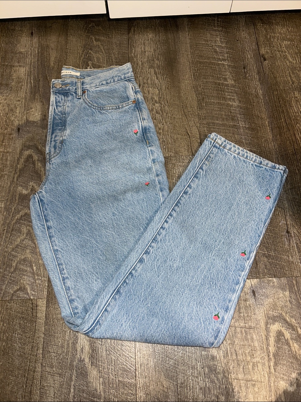 PacSun Light Blue Straight Leg Jeans with Small pink tulip Embroidery